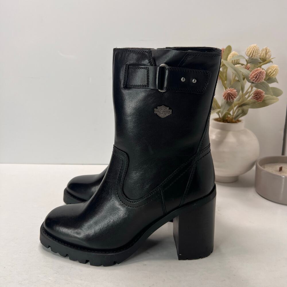 Harley Davidson Adina Leather Chunky Heel Mid Boots Black Women 7.5M Tried On